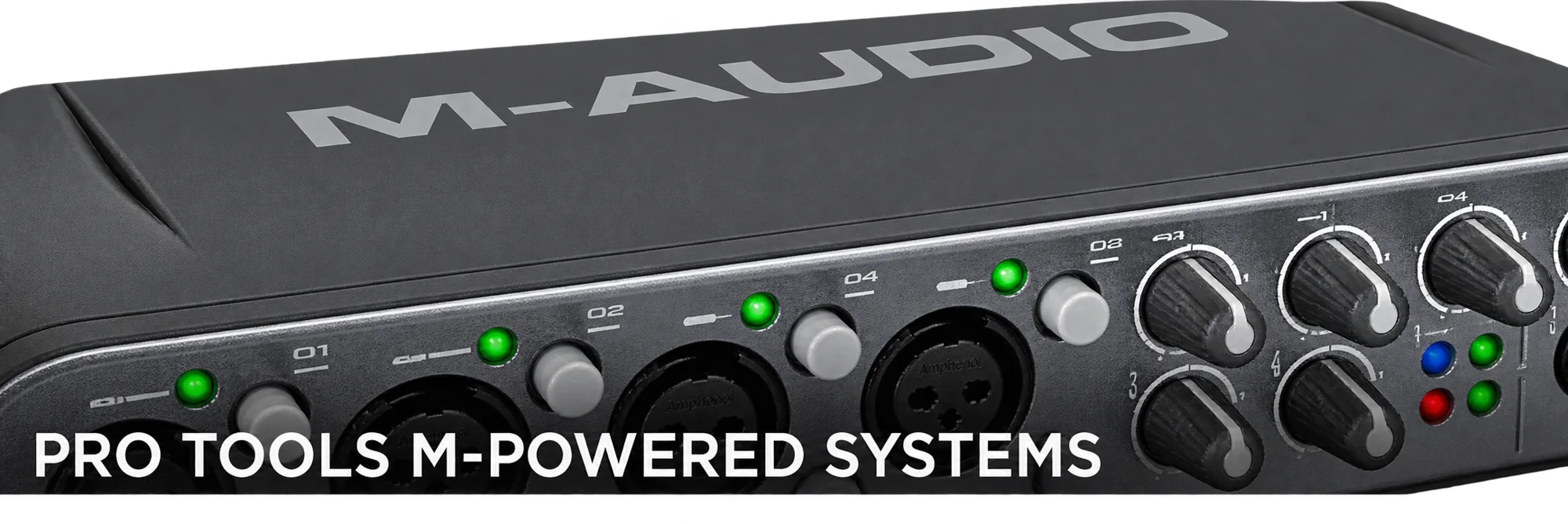 Interface audio M-Audio noire avec boutons rotatifs et voyants verts, pour Pro Tools M-Powered