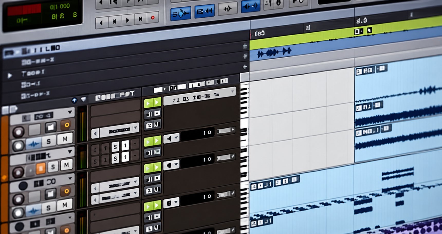 Capture d'écran en perspective d'un logiciel de production audio affichant plusieurs pistes et une chronologie.